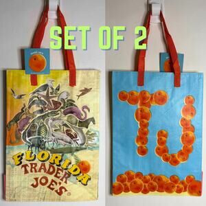LOT 2x Trader Joe’s Florida Sunshine State Citrus Orange Tote Bag Reusable NWT!!